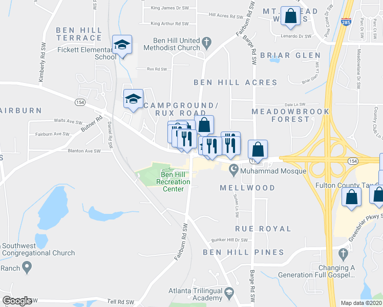 map of restaurants, bars, coffee shops, grocery stores, and more near Campbellton Rd SW & Fairburn Rd SW in Atlanta