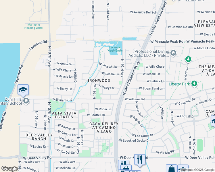 map of restaurants, bars, coffee shops, grocery stores, and more near 10237 West Daley Lane in Peoria