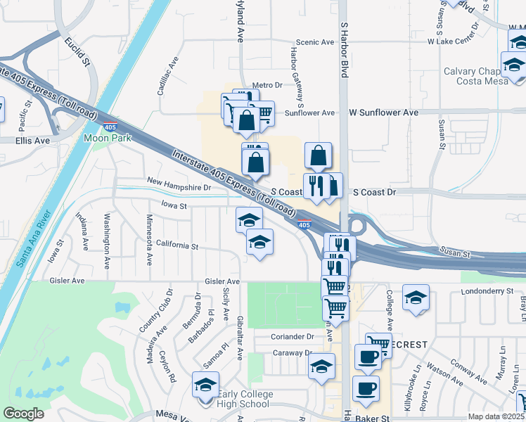 map of restaurants, bars, coffee shops, grocery stores, and more near 1644 Iowa Street in Costa Mesa
