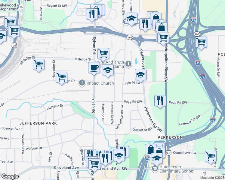 map of restaurants, bars, coffee shops, grocery stores, and more near 2347 Springdale Circle Southwest in Atlanta