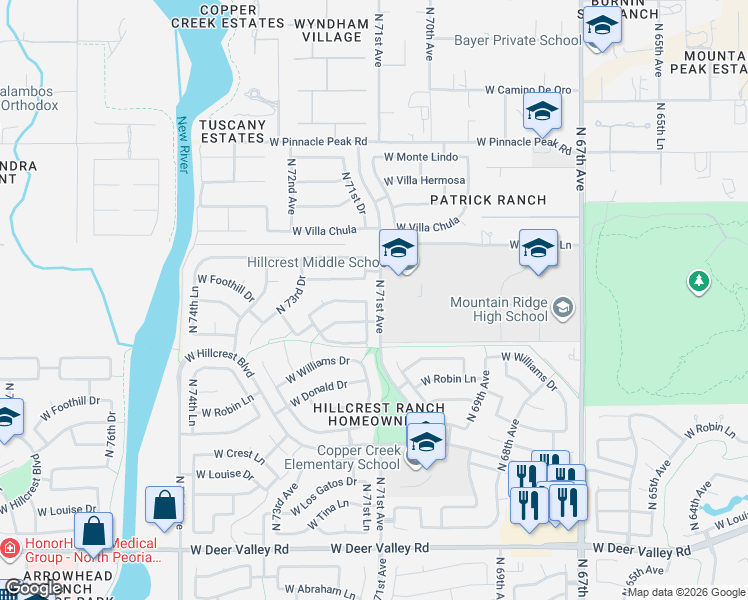 map of restaurants, bars, coffee shops, grocery stores, and more near 22705 North 71st Drive in Glendale