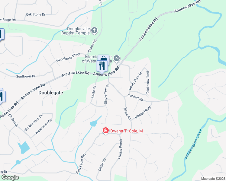 map of restaurants, bars, coffee shops, grocery stores, and more near 4250 Single Tree Drive in Douglasville