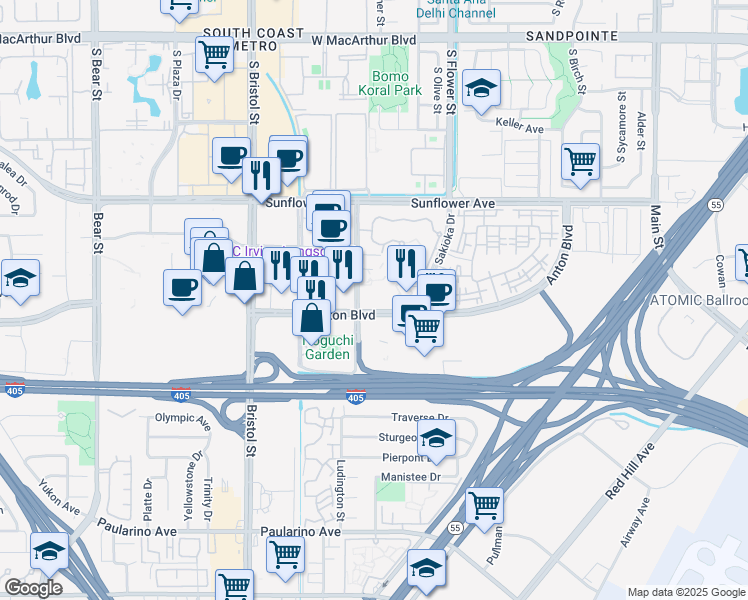 map of restaurants, bars, coffee shops, grocery stores, and more near 580 Anton Boulevard in Costa Mesa