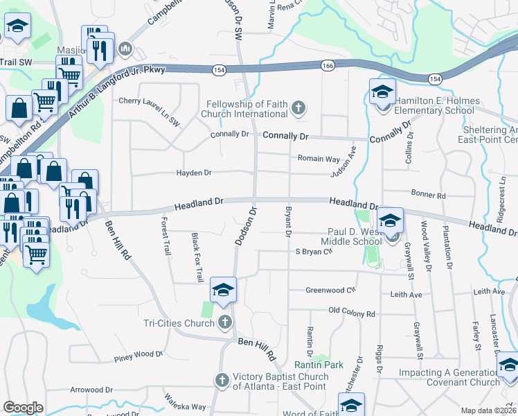 map of restaurants, bars, coffee shops, grocery stores, and more near 2378 Dodson Drive in East Point