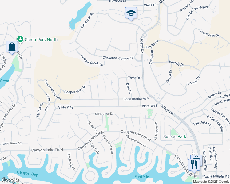 map of restaurants, bars, coffee shops, grocery stores, and more near La Pina Drive in Menifee