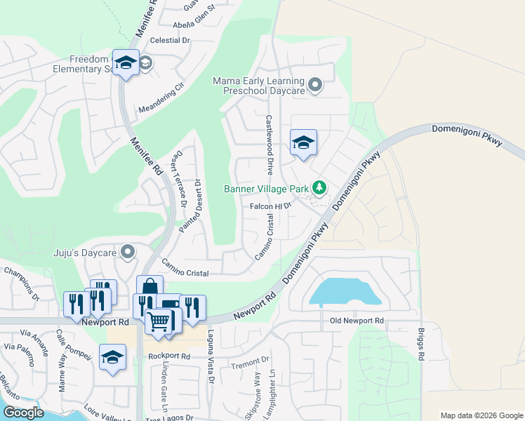 map of restaurants, bars, coffee shops, grocery stores, and more near 29413 Falcon Hill Drive in Menifee