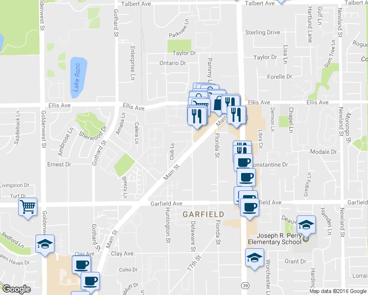 map of restaurants, bars, coffee shops, grocery stores, and more near 18769 Racquet Lane in Huntington Beach