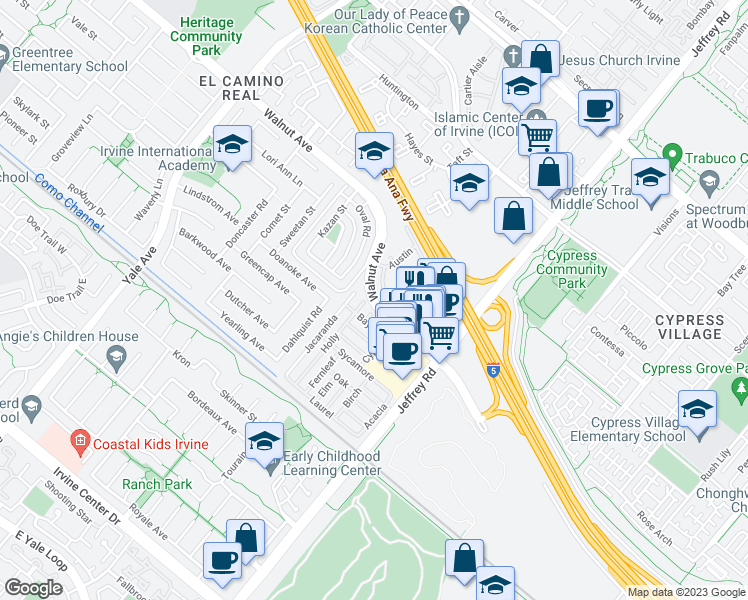 map of restaurants, bars, coffee shops, grocery stores, and more near 57 Walnut Avenue in Irvine