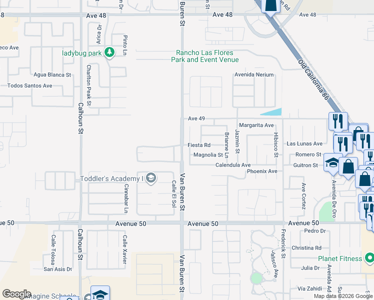 map of restaurants, bars, coffee shops, grocery stores, and more near 49235 Summer Street in Coachella