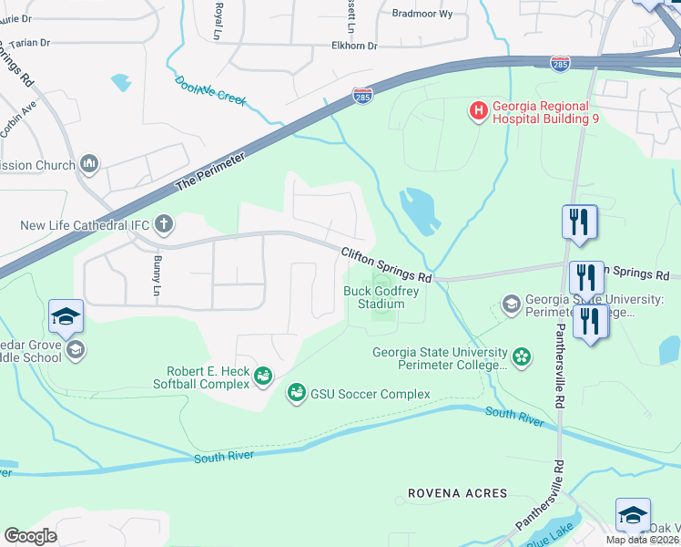 map of restaurants, bars, coffee shops, grocery stores, and more near 3218 Clifton Farm Drive in Decatur