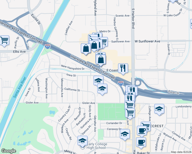map of restaurants, bars, coffee shops, grocery stores, and more near 1653 Iowa Street in Costa Mesa