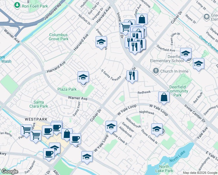 map of restaurants, bars, coffee shops, grocery stores, and more near 63 Del Cambrea in Irvine