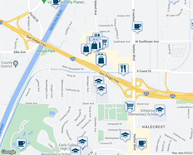 map of restaurants, bars, coffee shops, grocery stores, and more near 1653 Iowa Street in Costa Mesa