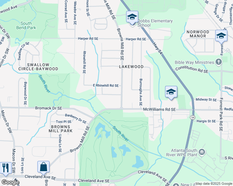 map of restaurants, bars, coffee shops, grocery stores, and more near 444 Sargent Drive Southeast in Atlanta