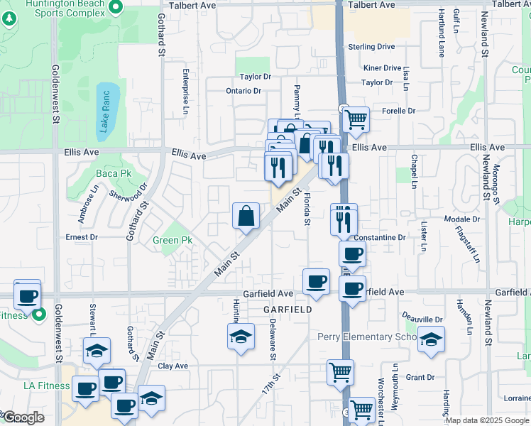 map of restaurants, bars, coffee shops, grocery stores, and more near 18706 Racquet Lane in Huntington Beach