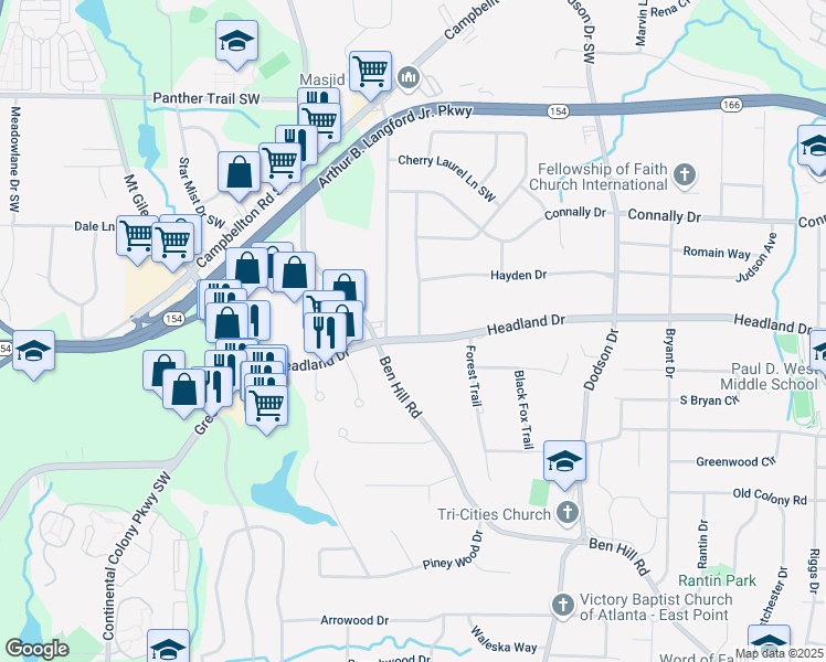 map of restaurants, bars, coffee shops, grocery stores, and more near 2851 Headland Drive in East Point