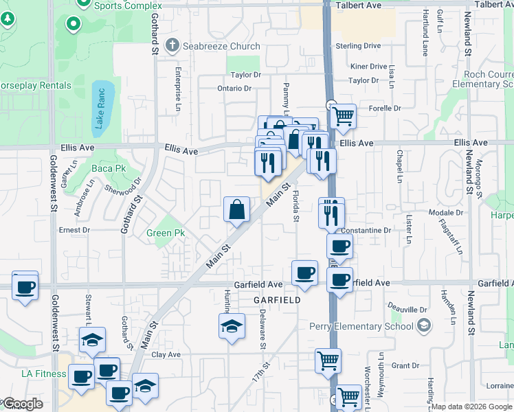 map of restaurants, bars, coffee shops, grocery stores, and more near 18472 Main Street in Huntington Beach