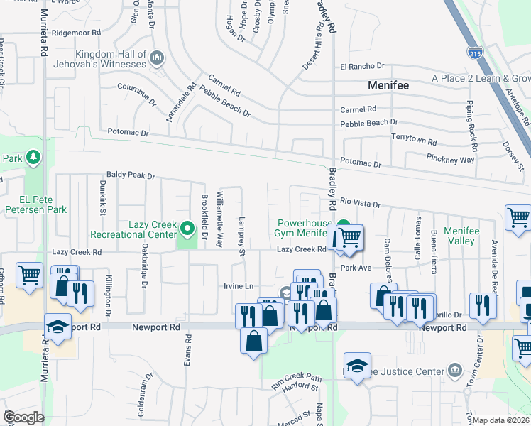 map of restaurants, bars, coffee shops, grocery stores, and more near Boynton Lane in Menifee
