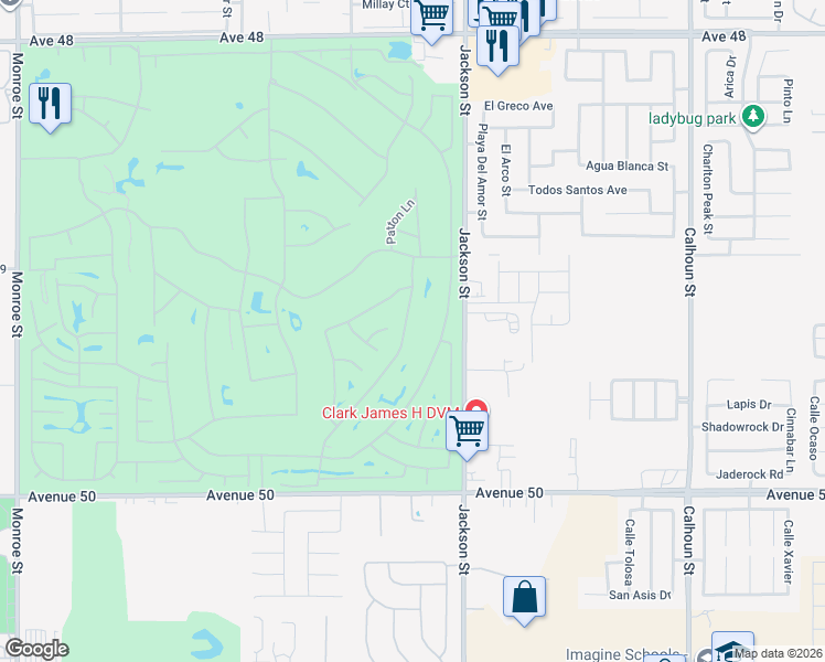 map of restaurants, bars, coffee shops, grocery stores, and more near 49436 Wayne Street in Indio