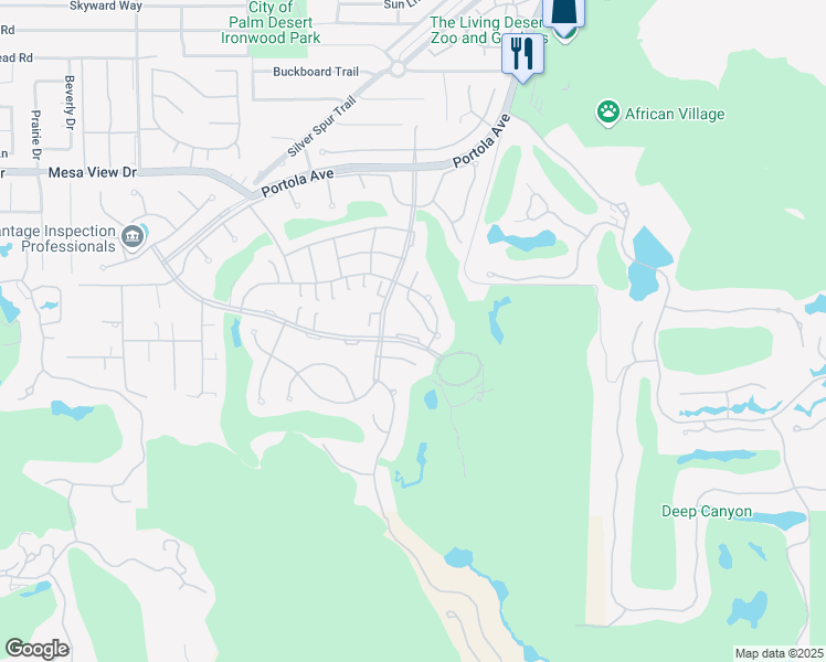 map of restaurants, bars, coffee shops, grocery stores, and more near 73680 Irontree Drive in Palm Desert