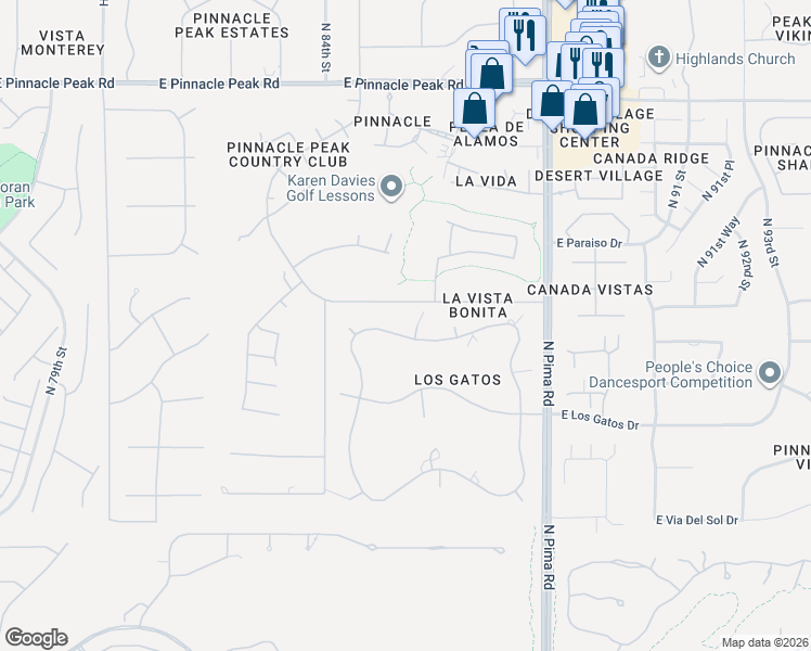 map of restaurants, bars, coffee shops, grocery stores, and more near 8537 East Via Montoya in Scottsdale