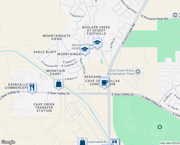 map of restaurants, bars, coffee shops, grocery stores, and more near 2212 East Robin Lane in Phoenix