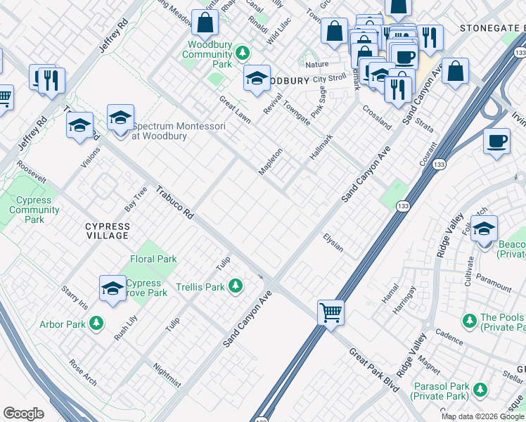map of restaurants, bars, coffee shops, grocery stores, and more near 35 Skyward in Irvine