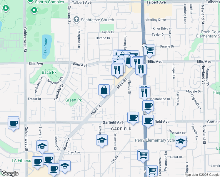map of restaurants, bars, coffee shops, grocery stores, and more near 18769 Racquet Lane in Huntington Beach