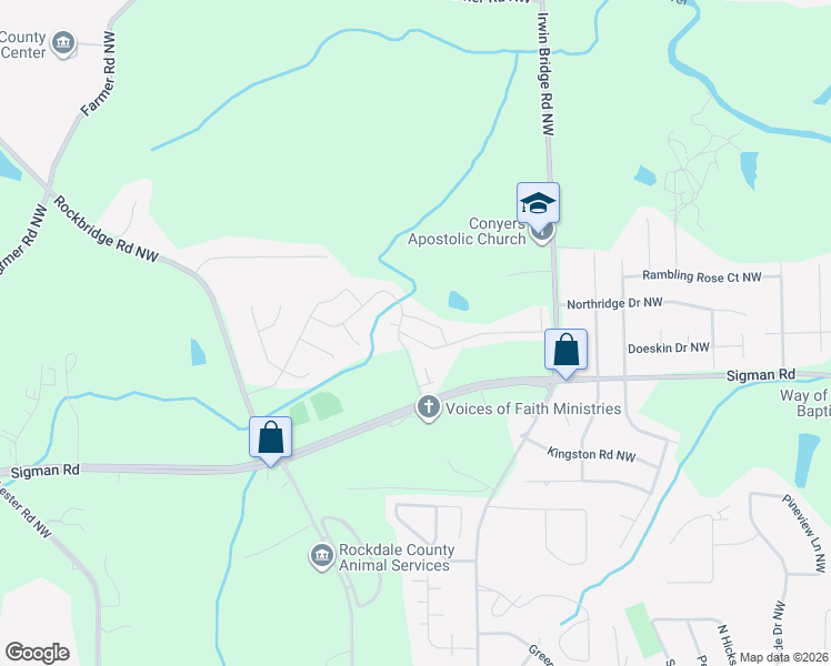 map of restaurants, bars, coffee shops, grocery stores, and more near 1760 Millstream Hollow in Conyers