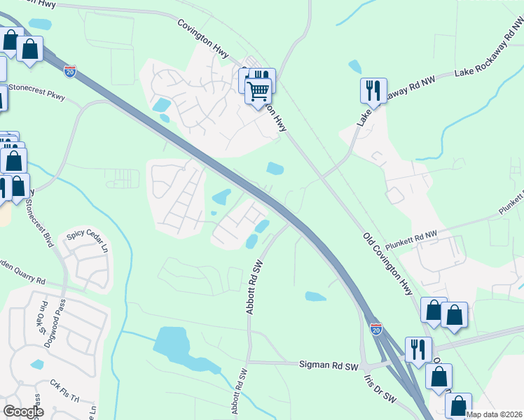 map of restaurants, bars, coffee shops, grocery stores, and more near 2400 Fitts Drive in Conyers
