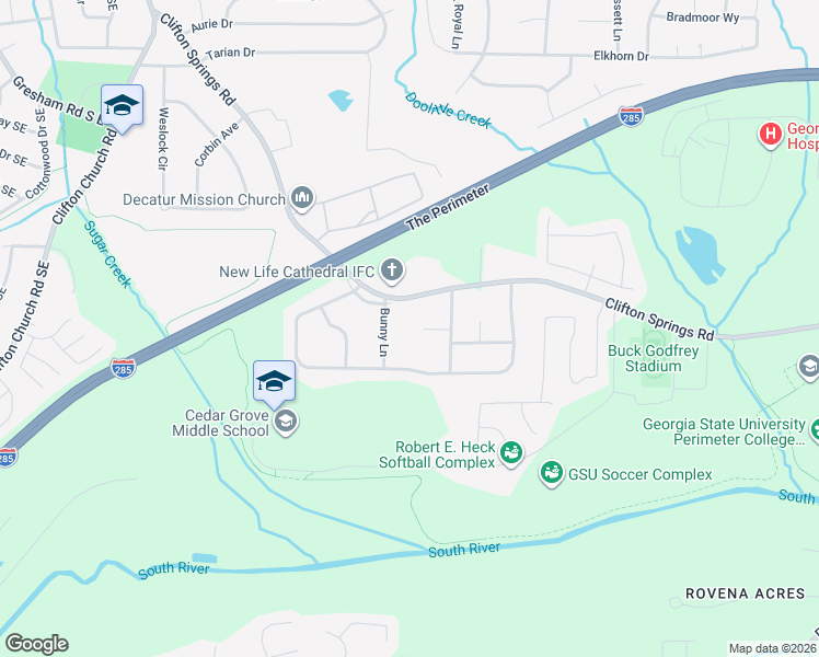 map of restaurants, bars, coffee shops, grocery stores, and more near 3228 Bunny Lane in Decatur