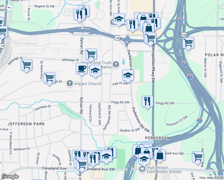 map of restaurants, bars, coffee shops, grocery stores, and more near 2376 Springdale Road Southwest in Atlanta