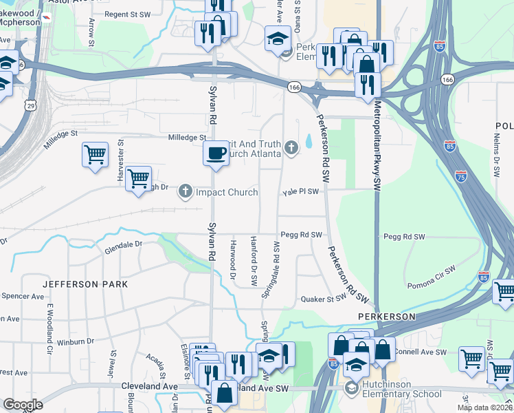 map of restaurants, bars, coffee shops, grocery stores, and more near 2347 Springdale Circle Southwest in Atlanta