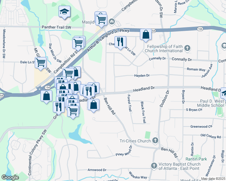 map of restaurants, bars, coffee shops, grocery stores, and more near 2851 Headland Drive in East Point