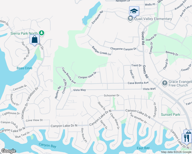 map of restaurants, bars, coffee shops, grocery stores, and more near 29590 Toomas Circle in Canyon Lake