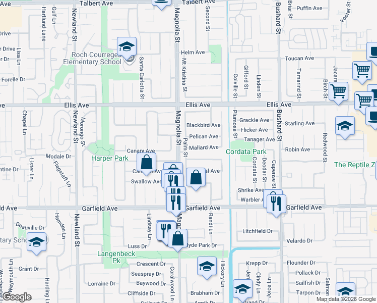 map of restaurants, bars, coffee shops, grocery stores, and more near 9062 Cockatoo Avenue in Fountain Valley