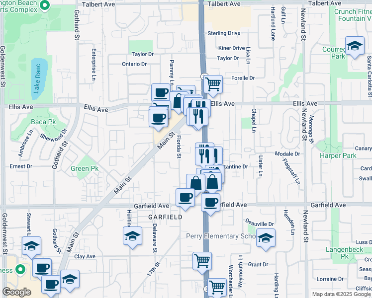 map of restaurants, bars, coffee shops, grocery stores, and more near 18700 Florida Street in Huntington Beach