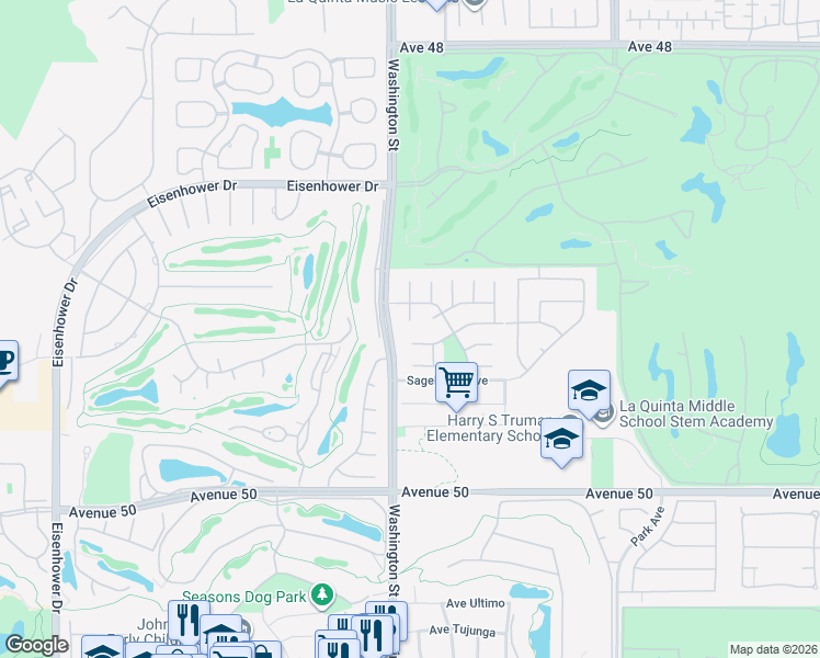 map of restaurants, bars, coffee shops, grocery stores, and more near 49305 Balada Court in La Quinta