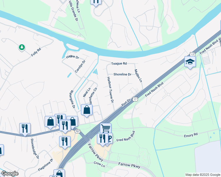map of restaurants, bars, coffee shops, grocery stores, and more near 1329 Harbour Towne Drive in Myrtle Beach