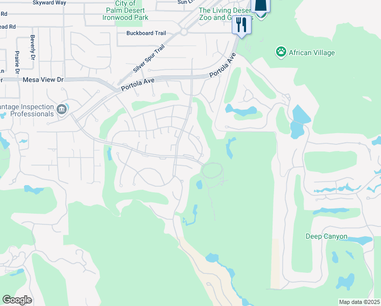map of restaurants, bars, coffee shops, grocery stores, and more near 73680 Irontree Drive in Palm Desert