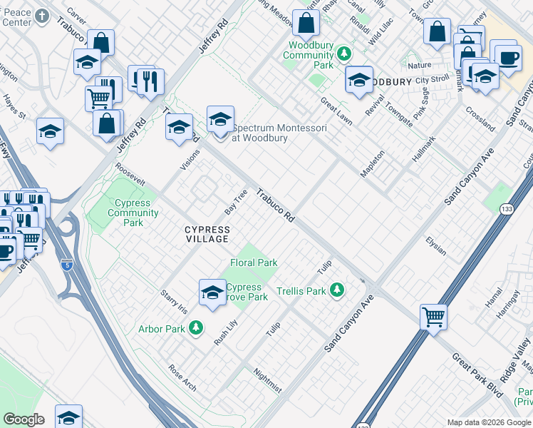 map of restaurants, bars, coffee shops, grocery stores, and more near 55 White Blossom in Irvine