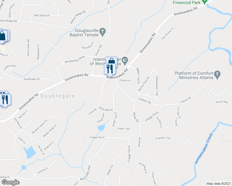 map of restaurants, bars, coffee shops, grocery stores, and more near 4210 Singletree Drive in Douglasville