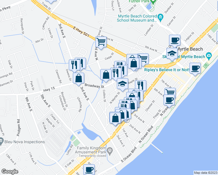 map of restaurants, bars, coffee shops, grocery stores, and more near 206 Broadway Street in Myrtle Beach