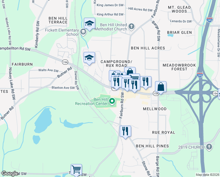 map of restaurants, bars, coffee shops, grocery stores, and more near 3810 Campbellton Rd SW in Atlanta