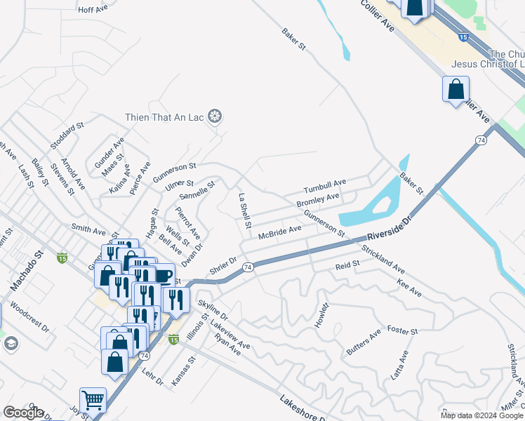 map of restaurants, bars, coffee shops, grocery stores, and more near Bromley Avenue in Lake Elsinore