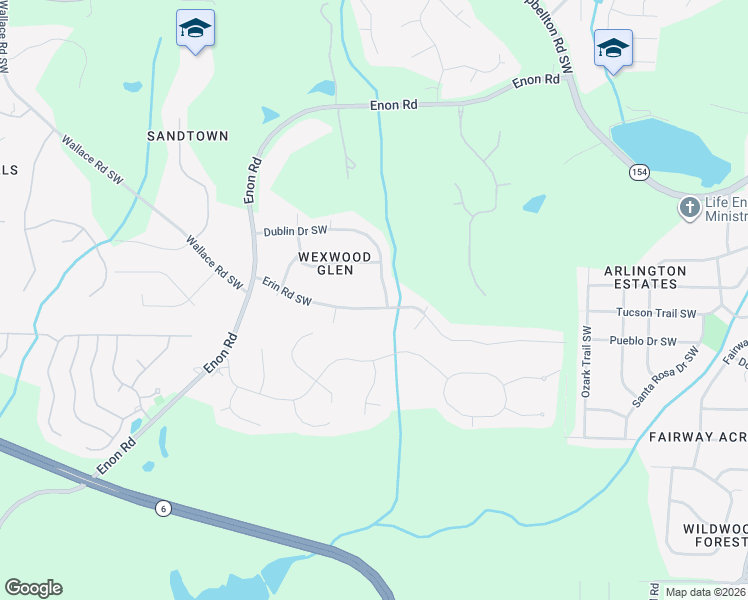 map of restaurants, bars, coffee shops, grocery stores, and more near 5085 Erin Road Southwest in Atlanta