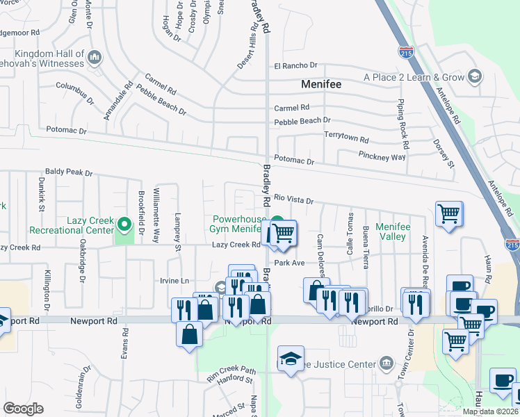map of restaurants, bars, coffee shops, grocery stores, and more near 29669-29695 Bradley Road in Menifee