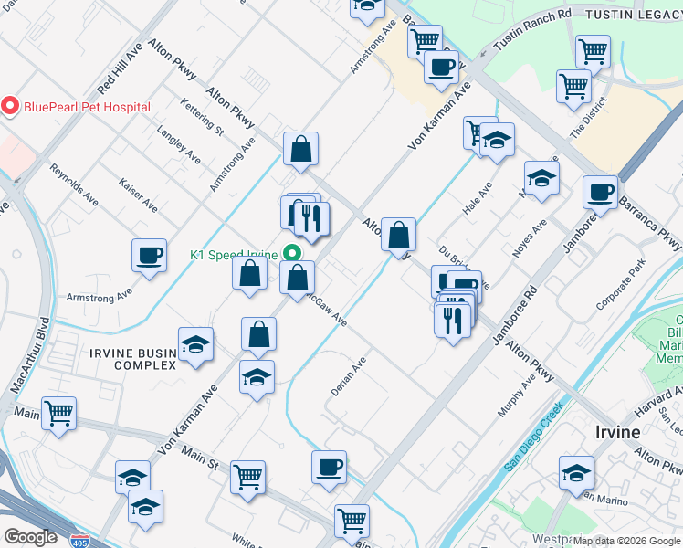map of restaurants, bars, coffee shops, grocery stores, and more near 2236 Synergy in Irvine