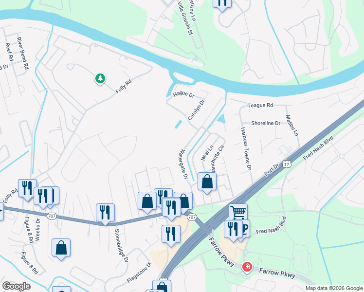 map of restaurants, bars, coffee shops, grocery stores, and more near 164 Ranchette Circle in Myrtle Beach