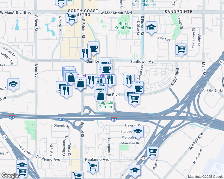 map of restaurants, bars, coffee shops, grocery stores, and more near 611 Anton Boulevard in Costa Mesa